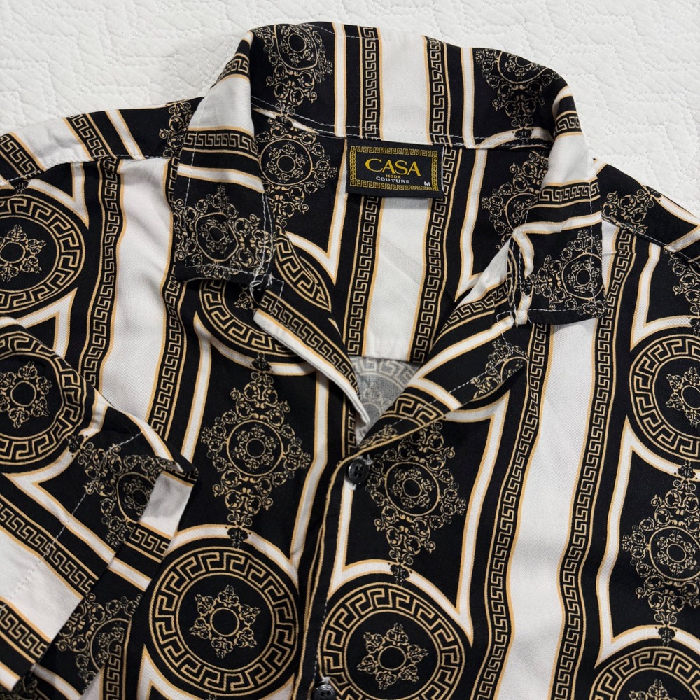 CASA MODA COUTURE Men M‎ Black Gold Baroque Print Short Sleeve Button Up Shirt